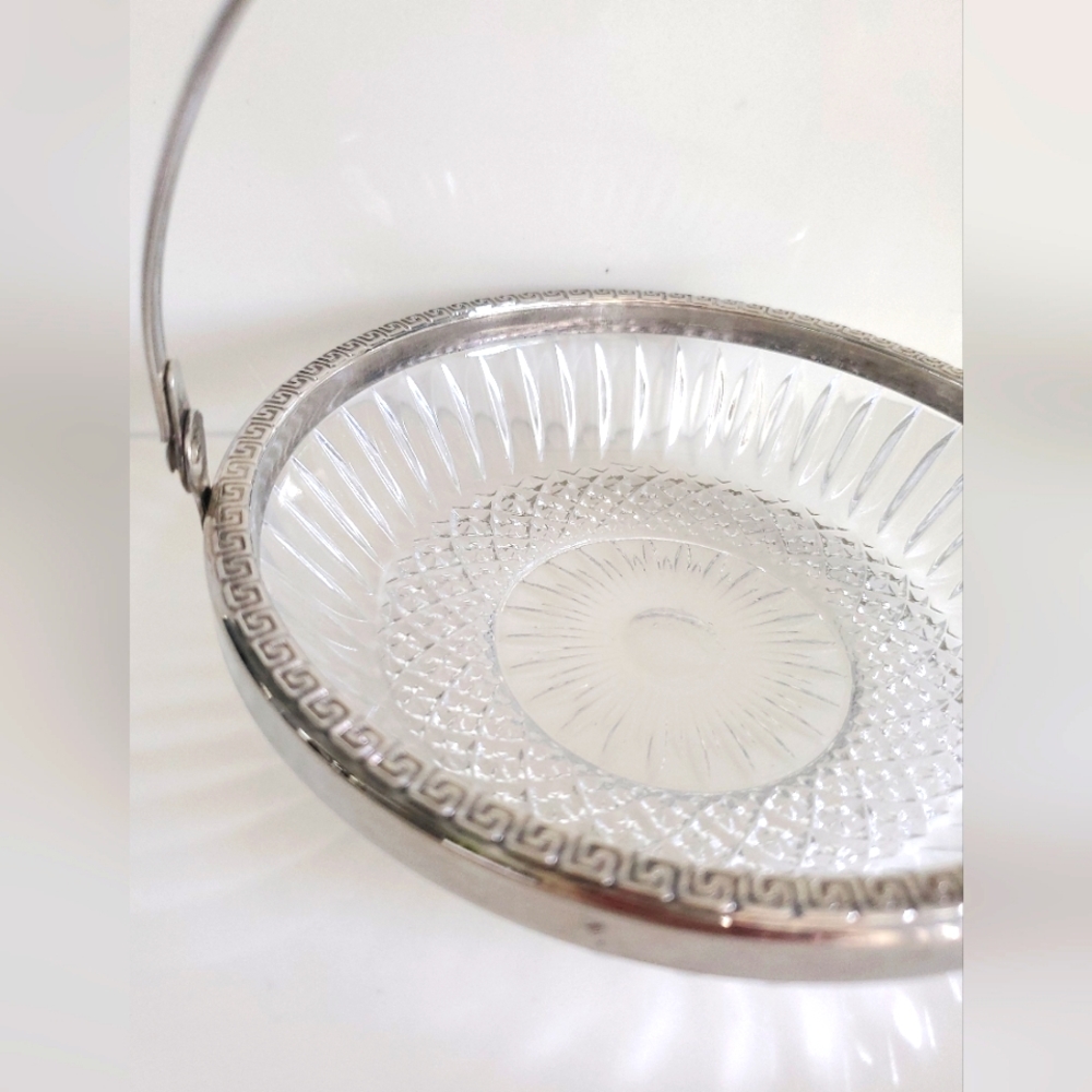 Vintage Cut Glass Basket Bowl Silver Rim & Handle Vanity Dish Greek Key Design
